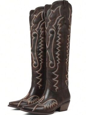 Brown Embroidered Western Knee-High faux Leather Boots